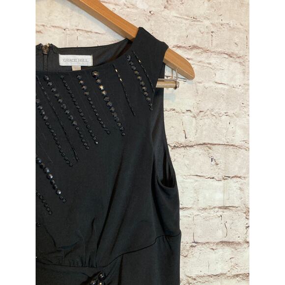 Grace Hill Midi Dress Womens 14 Black LBD Beaded Draped Ruched Sleeveless Sheath - Picture 9 of 15